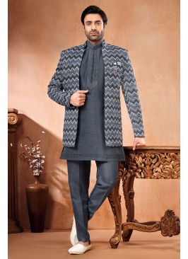 Graceful Grey Thread Embroidered Jacket Style Indowestern Set