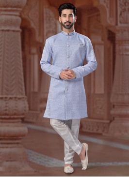 Graceful Light Blue Thread Embroidered Indowestern Set