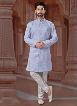 Graceful Light Blue Thread Embroidered Indowestern Set