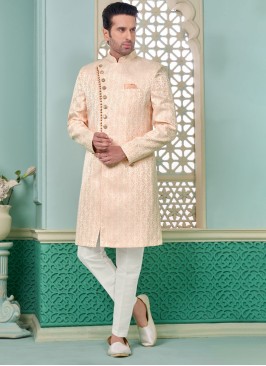 Graceful Peach Weaving Embroidered Indowestern Set