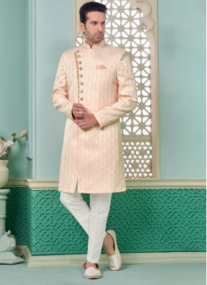 Graceful Peach Weaving Embroidered Indowestern Set