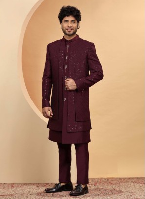 Graceful Wine Thread Embroidered Indowestern Set For Men