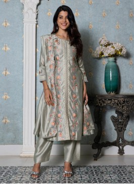 Gray Pant Style Salwar Kameez In Silk