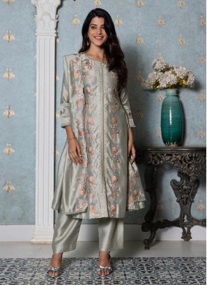 Gray Pant Style Salwar Kameez In Silk
