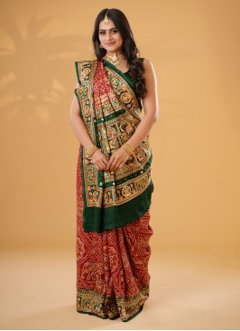 Green & Red Bandhani Printed Modal Gajji Silk Gharchola