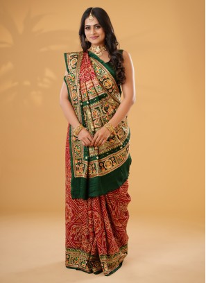 Green & Red Bandhani Printed Modal Gajji Silk Gharchola