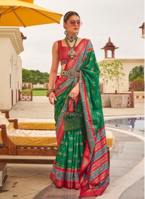 Green and Red Modal Silk Patola Print Saree and Blouse