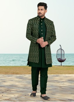 Green Banarasi Silk Thread Embroidered Indowestern
