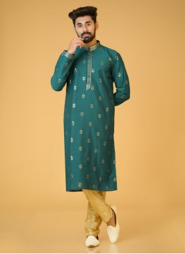 Green Color Festive Wear Cotton Silk Kurta Pajama