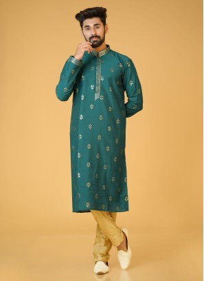 Green Color Festive Wear Cotton Silk Kurta Pajama