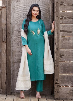 Green Color Linen Fabric Pant Style Salwar Kameez