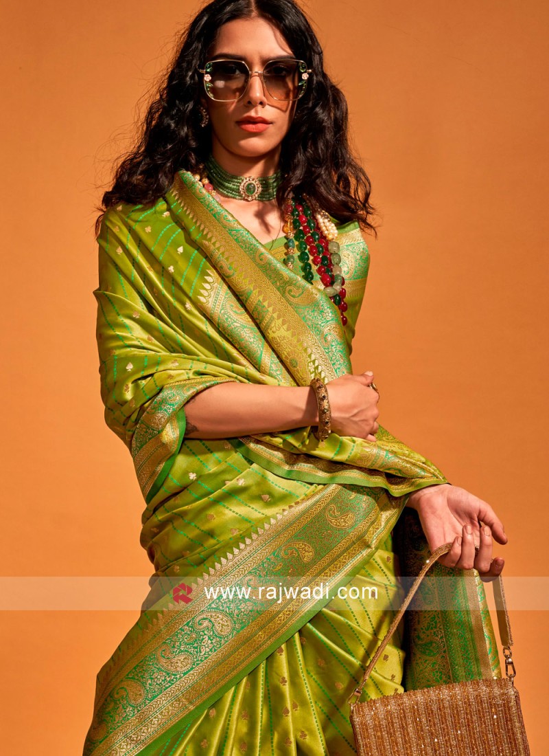 Stunning Light Green Satin Silk Contemporary Saree