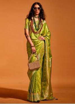 Stunning Light Green Satin Silk Contemporary Saree