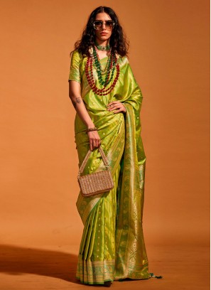 Stunning Light Green Satin Silk Contemporary Saree