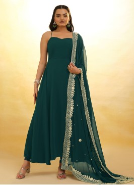 Green Georgette Readymade Anarkali With Embroidered Dupatta