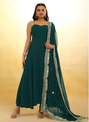 Green Georgette Readymade Anarkali With Embroidered Dupatta