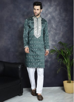 Green Festive Wear Cotton Silk Kurta Pajama