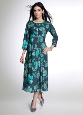 Green Floral Printed Readymade Muslin Silk Kurti