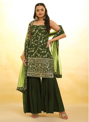 Mehndi Green Georgette Gharara Suit With Dupatta