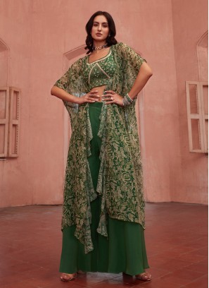 Green Georgette Jacket And Palazzo Set