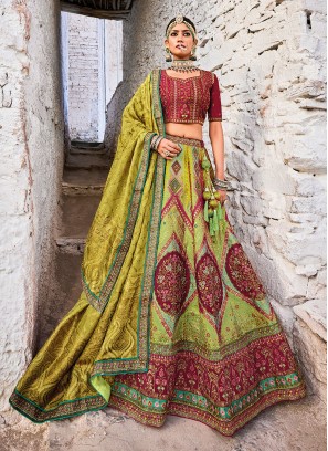 Exclusive Parrot Green Banarasi Silk Wedding Lehenga Choli