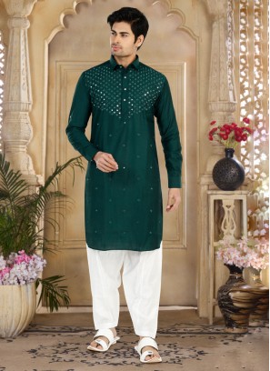 Green Mirror Embroidered Pathani Kurta Set