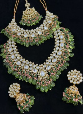 Green Necklace Set With Pearl Drops And Studded Kundan