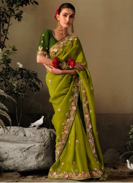 Beautiful Parrot Green Wedding Wear Saree