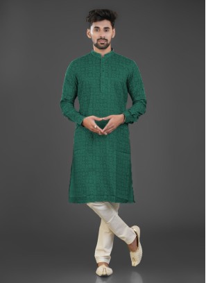 Green Printed Cotton Silk Kurta For Men