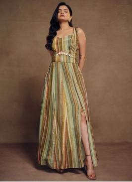 Multi Color Stripe Printed Designer Gown