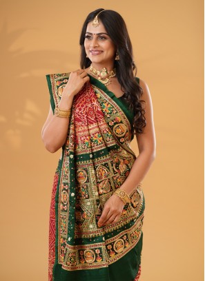 Green & Red Bandhani Printed Modal Gajji Silk Gharchola