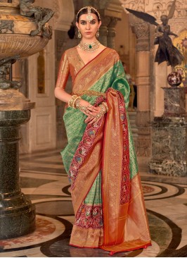 Green & Red Festive Weaving Banarasi Silk Saree