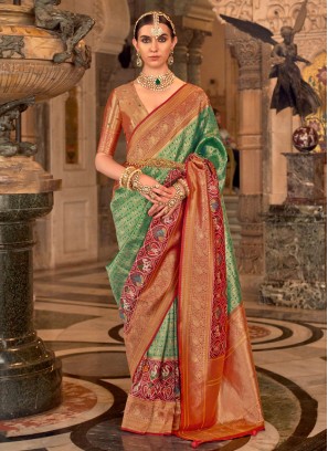 Green & Red Festive Weaving Banarasi Silk Saree