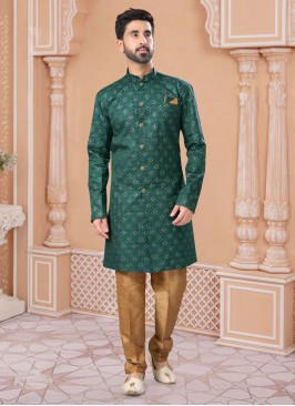 Green Sequins Embroidered Indowestern Set In Silk Fabric