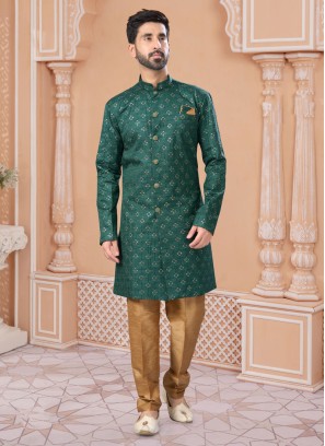 Green Sequins Embroidered Indowestern Set In Silk Fabric