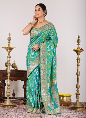 Green Shaded Banarasi Silk Saree With Unstitched Blouse