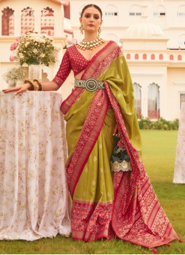 Mehndi Green & Red Patola Printed Silk Saree