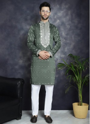 Green Thread Embroidered Cotton Silk Kurta Pajama For Men