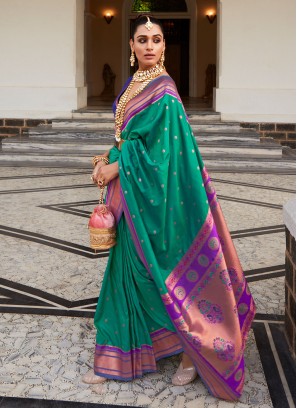 Dark Sea Green Silk Woven Embroidered Wedding Saree