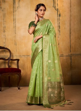 Green Tissue Saree With Weaving Work