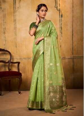 Green Tissue Saree With Weaving Work