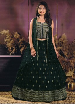 Green Weaving Embroidered Lehenga Choli With Jacket