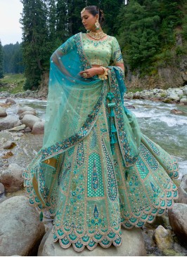 Shaded Sea Green Embroidered Designer Silk Lehenga Choli