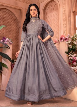 Grey Anarkali In Silk With Embroidery Dupatta