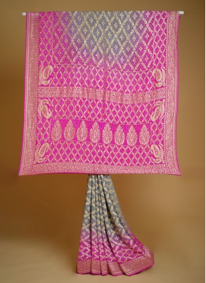 Grey And Pink Khadi Chiffon Silk Traditional Saree