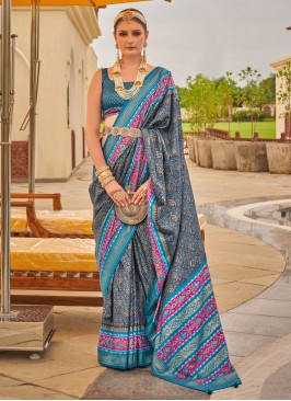 Grey & Blue Silk Patola Printed Saree