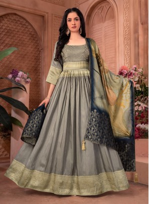 Grey Color Banarasi Readymade Anarkali Dress