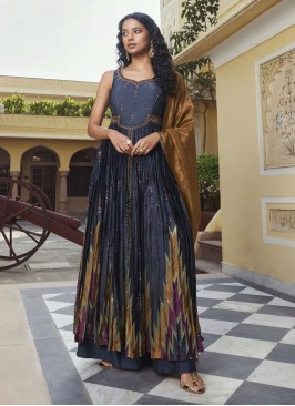 Grey Color Gajji Silk Palazzo With Long Flared Kurti