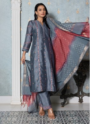 Grey Color Silk Fabric Pant Style Salwar Suit