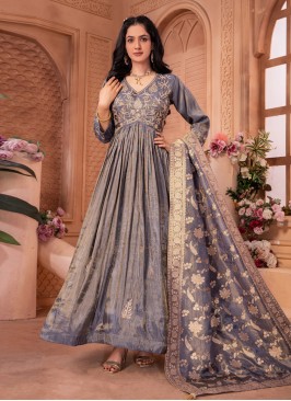 Grey Color Tissue Aliya Cut Anarkali Dress